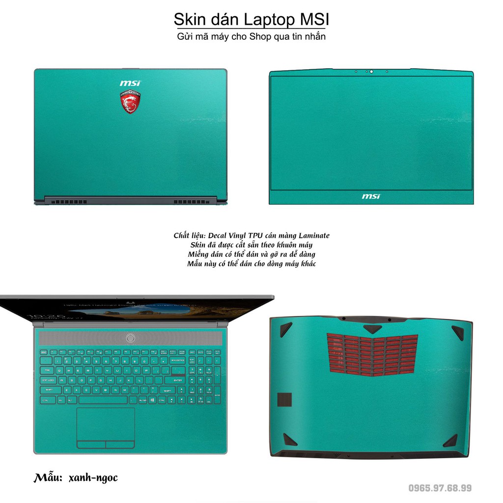 Skin dán Laptop MSI màu xanh ngọc (inbox mã máy cho Shop)