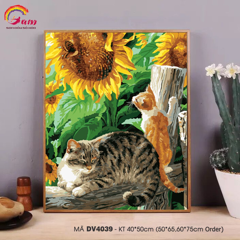 Tranh sơn dầu số hóa tự tô màu theo số mèo bên hoa hướng dương DV4039