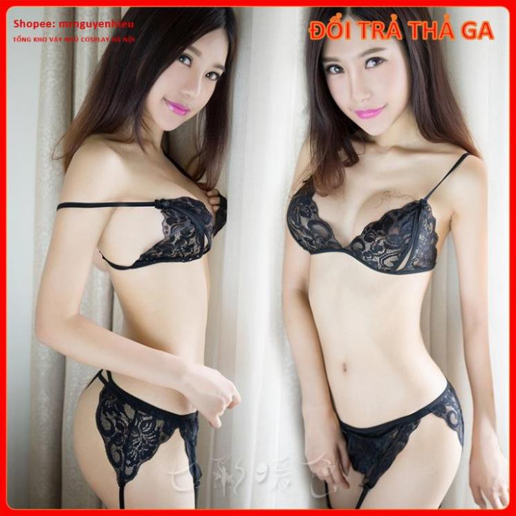 Bộ đồ lót ren 3 món - bikini, kẹp tất, tất lưới đùi - set bikini siêu sexy, gợi cảm - Set003 | BigBuy360 - bigbuy360.vn