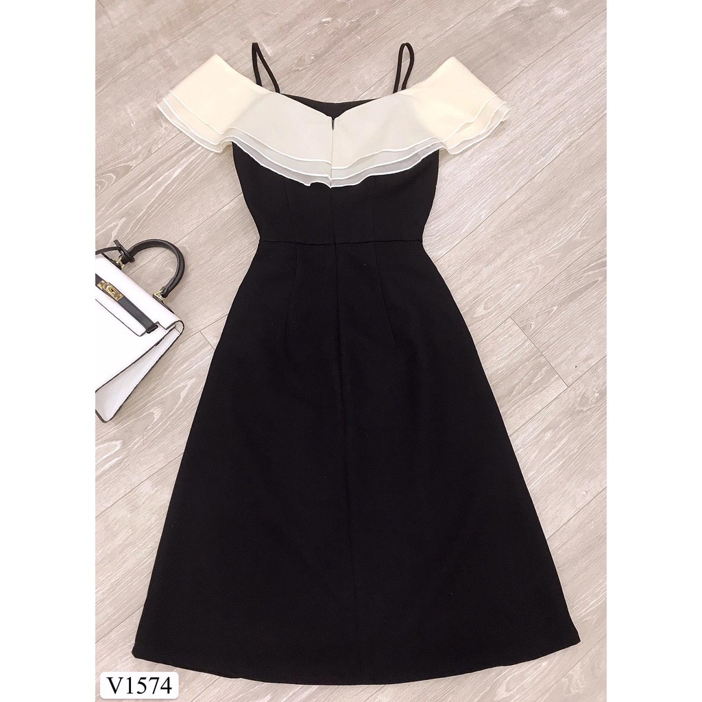Váy đen trễ vai hai dây che bắp tay dấu bụng DVC - Maidieuhuyen V1574 MH | BigBuy360 - bigbuy360.vn