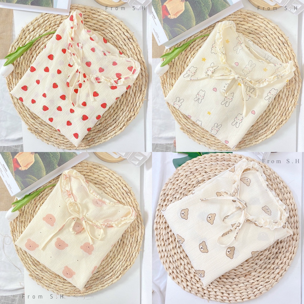 [ ẢNH THẬT ] Pijama xốp đũi Hàn cổ nơ dáng cộc hoạ tiết xinh xắn. Bộ ngủ nữ hoạt hình dễ thương