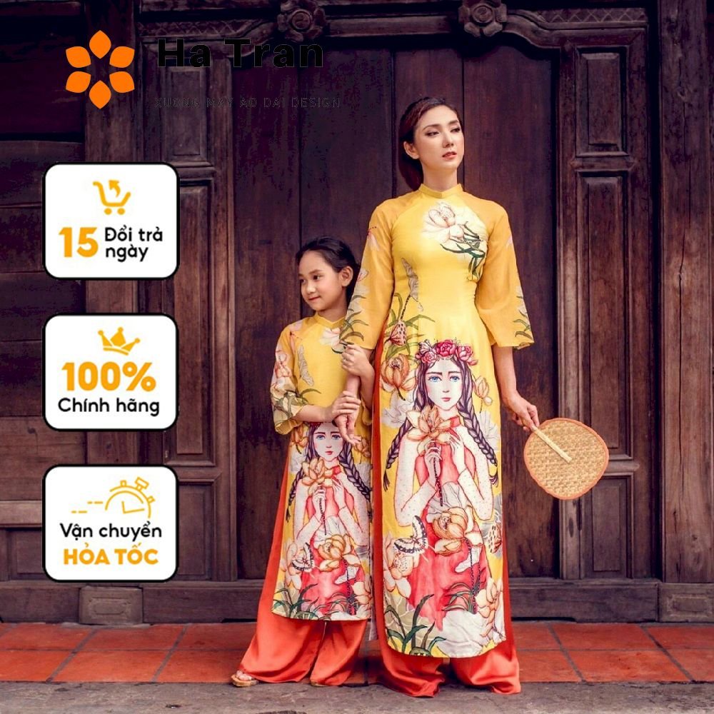 Áo dài đôi thiết kế gia đình mẹ bé gái sen vàng lụa mịn thướt da madam Hà Trần