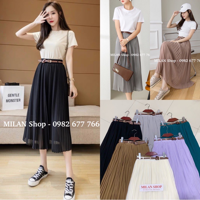 Chân váy xếp ly voan kèm đai thời trang