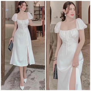 Đầm dự tiệc, váy midi trắng cổ vuông xẻ tà