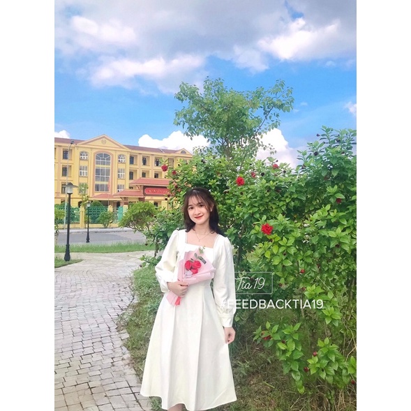 Váy trắng cổ vuông ren dài tay. Đầm trắng tiểu thư dài tay SP000007 ( Ảnh thật) | BigBuy360 - bigbuy360.vn