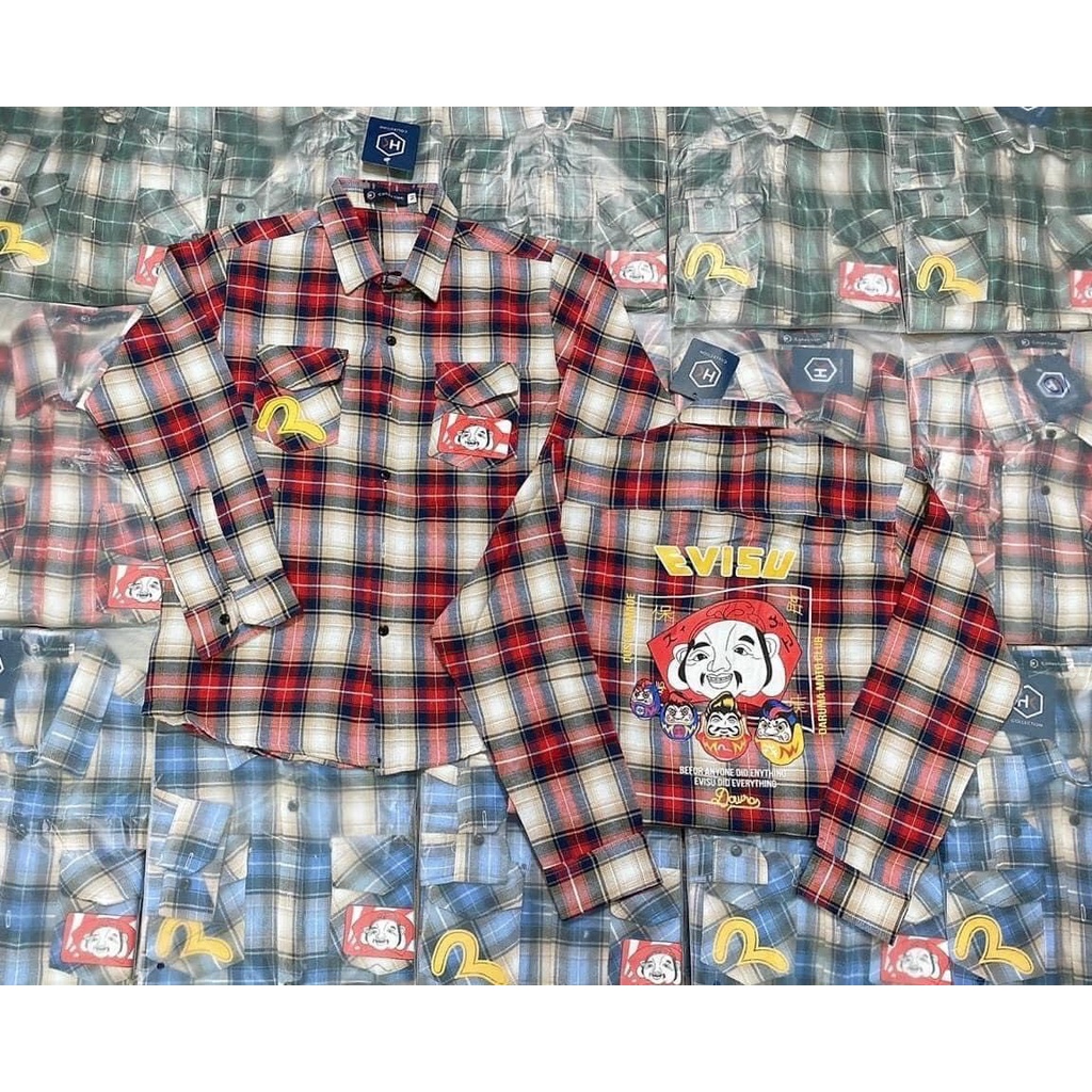 Áo Sơ Mi Nam Tay Dài EVISU BÀ ĐỊA Vải Nỉ Caro MềmMịn Hình In Rõ Nét Phong Cách Thời Trang Hot Trend Mới