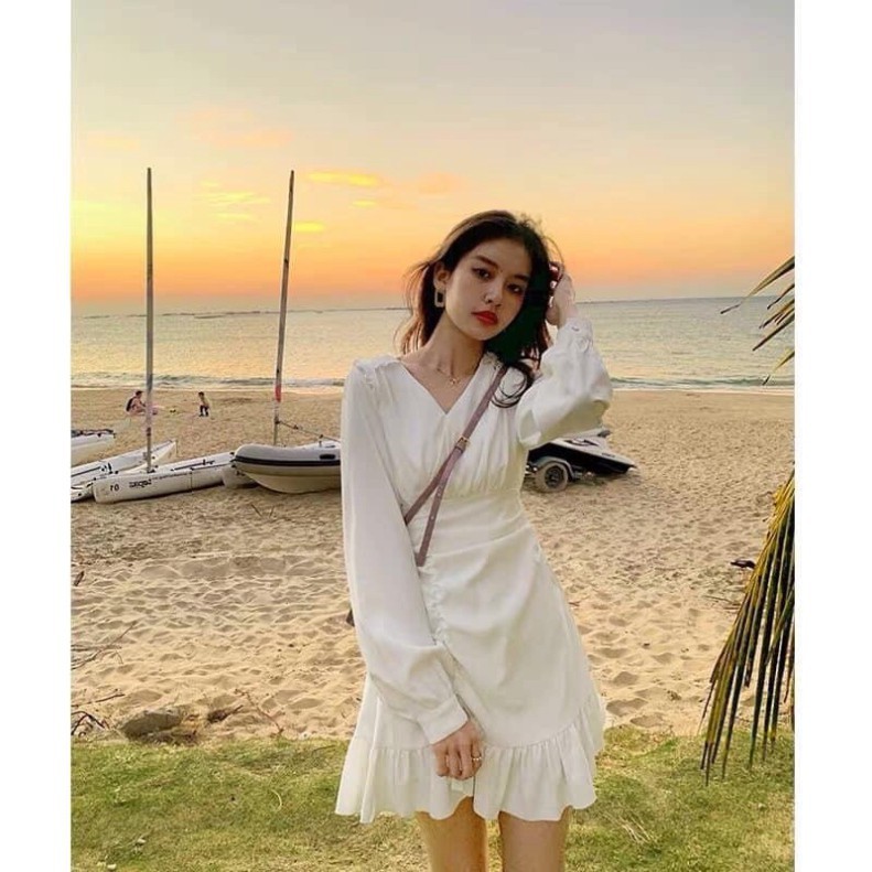 Đầm đuôi cá rúm eo cổ V dáng xòe thời trang hàn quốc/ Váy suông nữ tay bồng tiểu thư ôm body | BigBuy360 - bigbuy360.vn