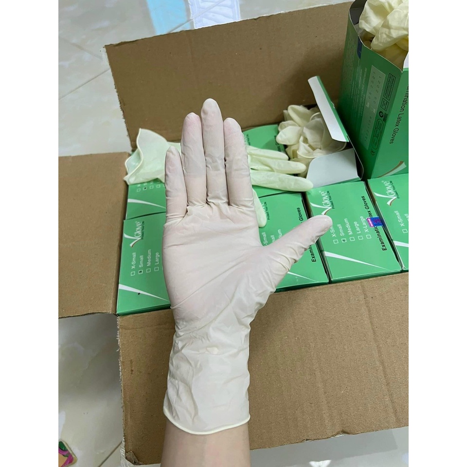 Gang tay y tế | bao tay y tế Vglove có bột và không bột hộp 100 chiếc dùng trong y tế, spa, tmv