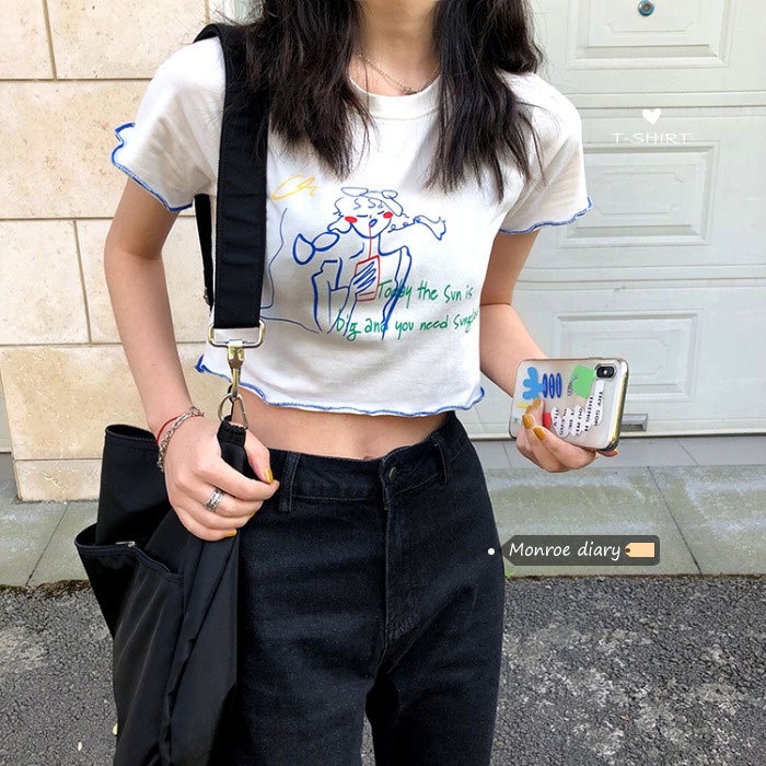 Áo Thun Crop Top Tay Ngắn Dáng Ôm In Họa Tiết Dễ Thương Thời Trang Cho Nữ