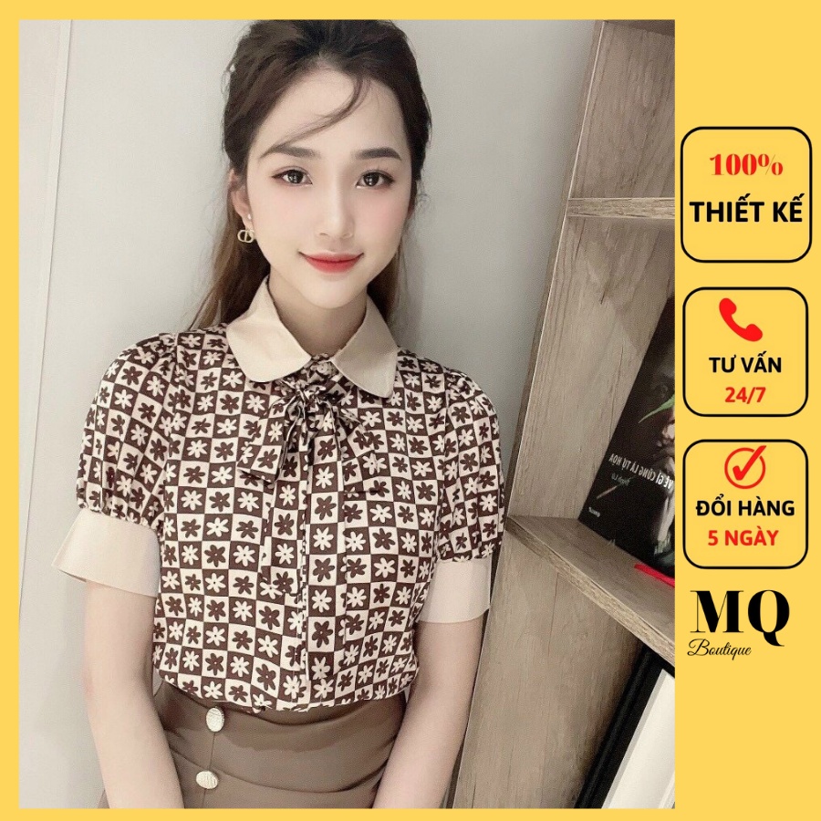 Áo sơ mi nữ lụa cộc tay cao cấp công sở màu be đen phối cổ nơ họa tiết chữ ô hoa, áo sơ mi họa tiết thiết kế MQ Boutique
