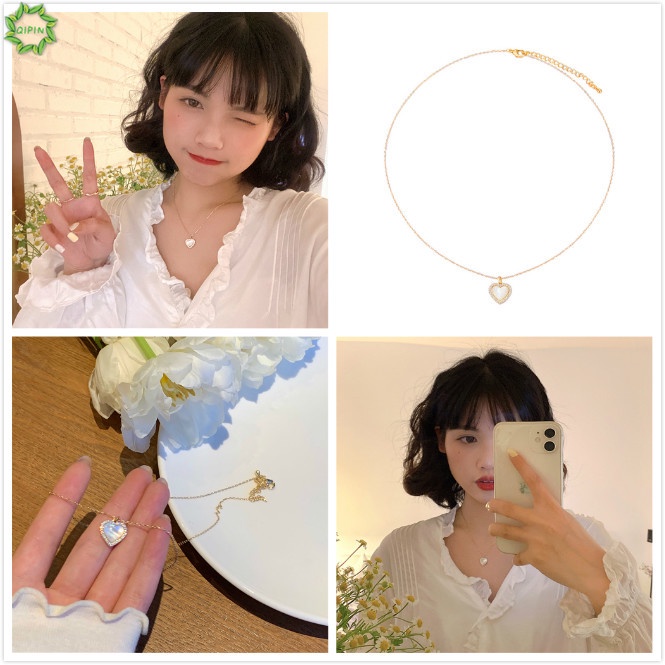 Vòng cổ Mặt Trái Tim Đính Đá Opal Phong Cách Hàn Quốc Thanh Lịch Cho Nữ