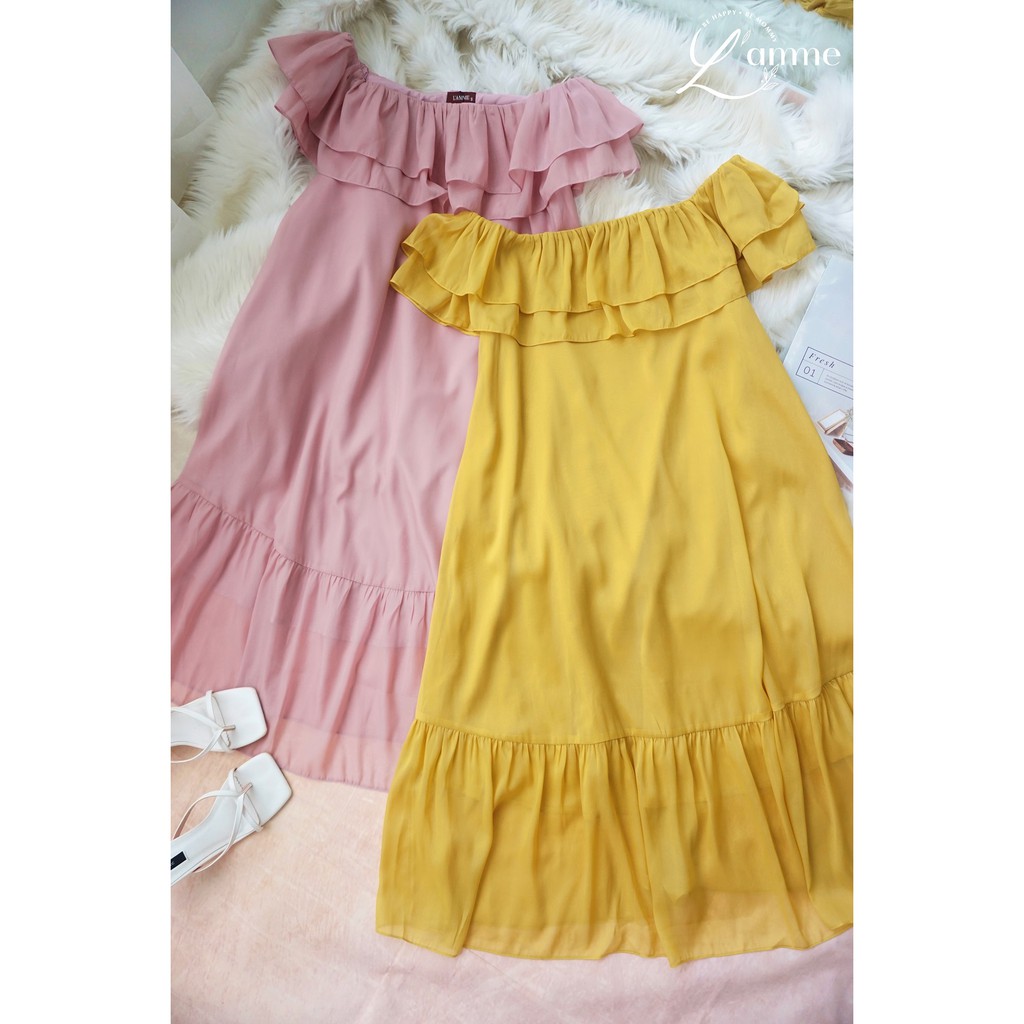 Váy bầu đẹp Junia Dress chất tơ 2 lớp mềm dịu nhẹ, kiểu dáng suông trễ vai cho mẹ bầu làm điệu  by LAMME