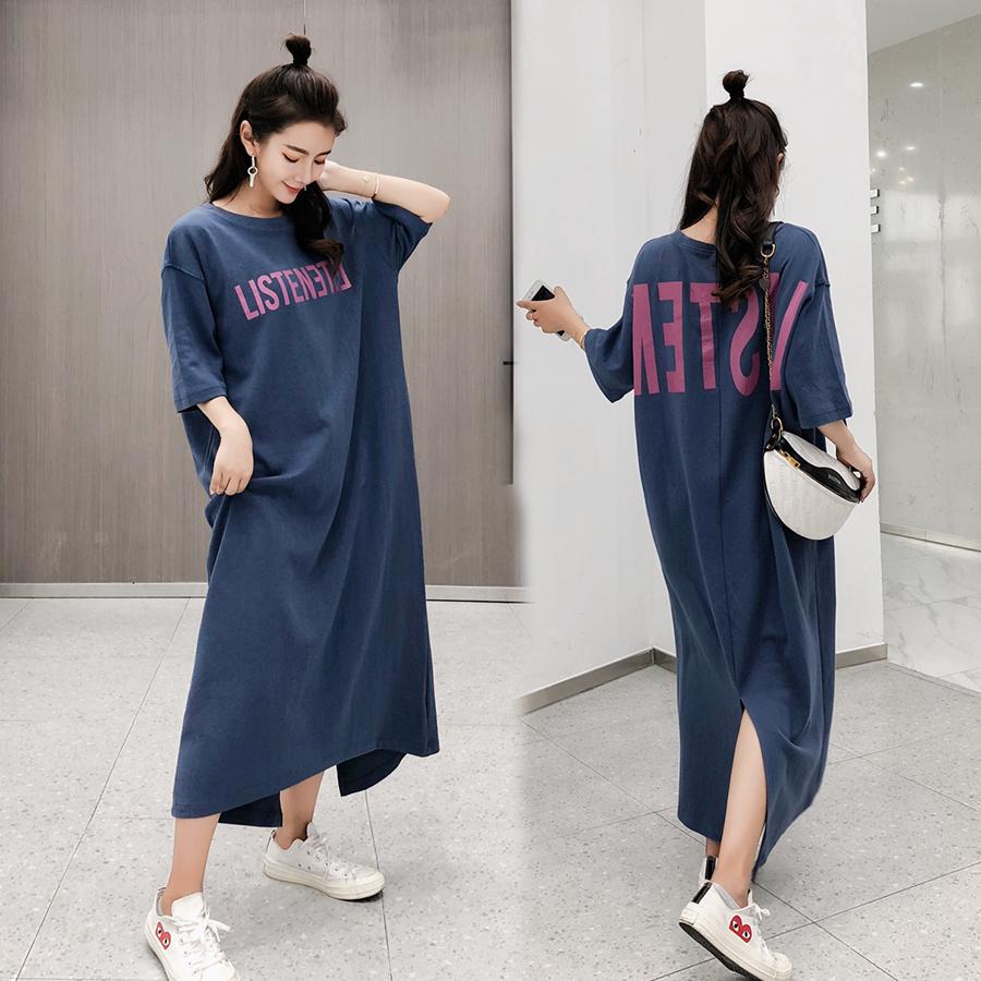 Xanh Haze Hồng👗Đại dương dài đầu gối✨Áo thun dài tay lười nửa tay✨4 Màu Kích Thước Lớn Đầm Mùa Hè Phong Cách Hàn Quốc Rời Lưng Khe Dài Chữ T Bé Gái Nhà Phải Có Kết Cấu Trong Giây Đầm Thường Ngày