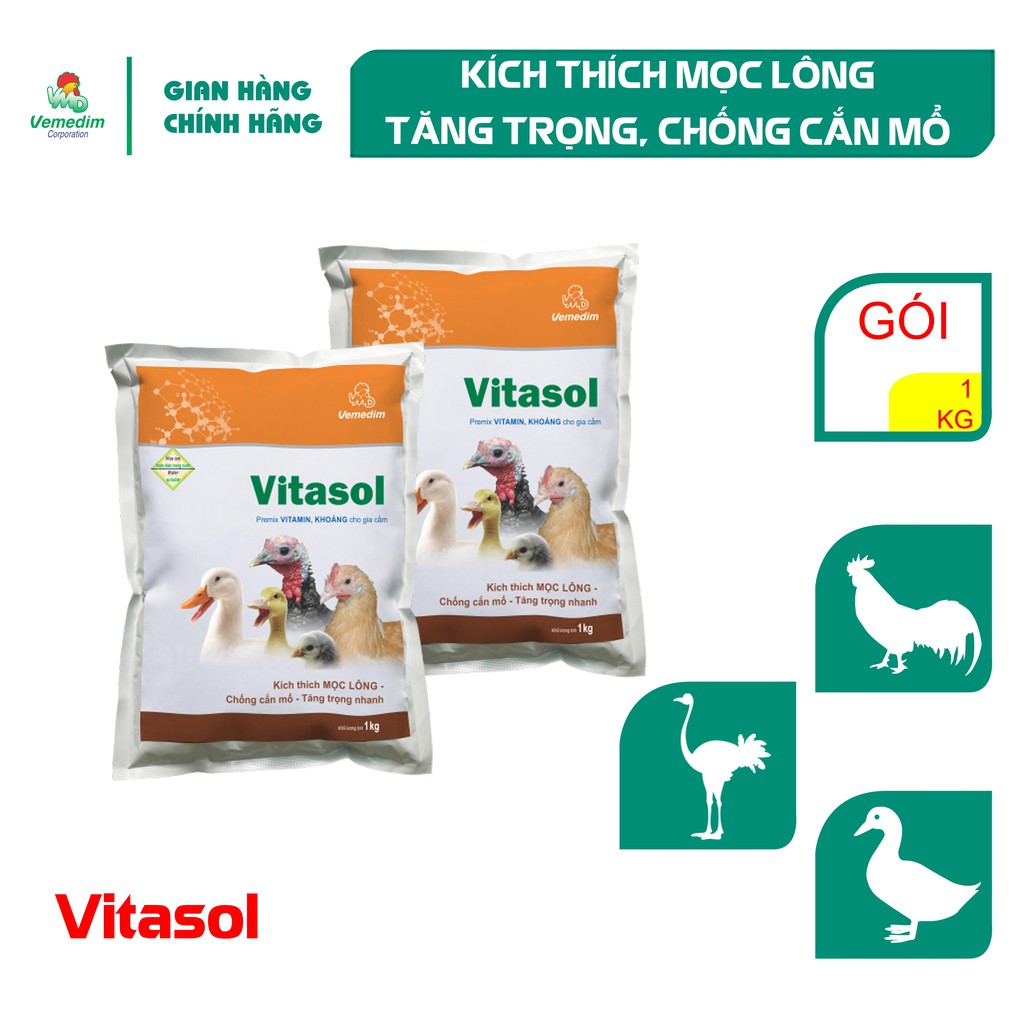 Vemedim Vitasol Kích thích mọc lông, tăng trọng, chống cắn mổ cho gia cầm, gói 1kg