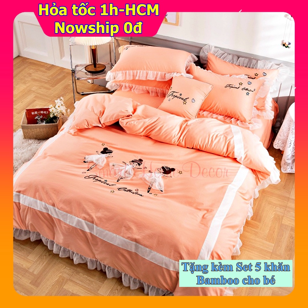 Bộ chăn ga gối công chúa Alice 100%Cotton lụa Hàn Quốc cho bé gái, cực kỳ dễ thương
