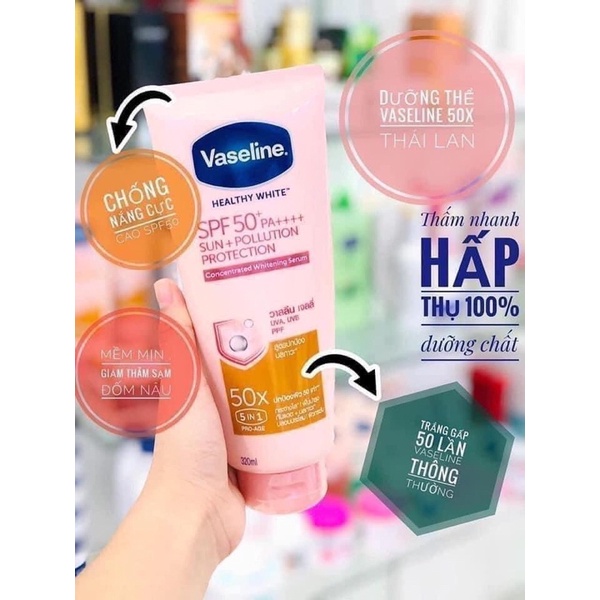 [GIÁ CẠNH TRANH] Sữa Dưỡng Ẩm Vaseline 50x HEALTHY BRIGHT SPF 50+PA++++ Thái Lan Chính Hãng 100%