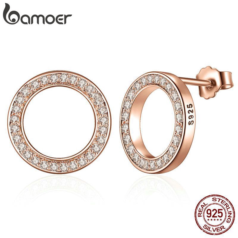 Khuyên tai xỏ hiệu Bamoer hình tròn màu vàng hồng chất liệu bạc cz 925 thời trang cho nữ