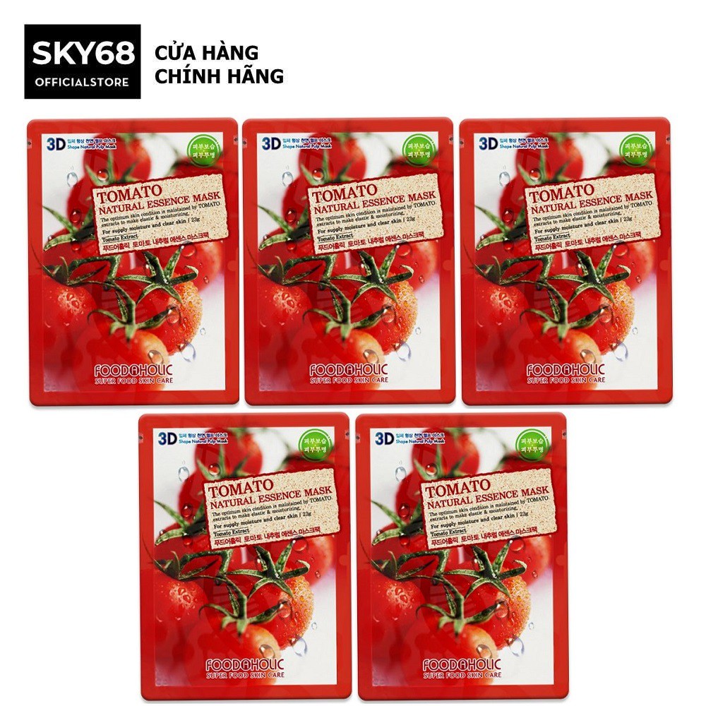 Combo 5 Mặt Nạ Cung Cấp Độ Ẩm, Ngăn Lão Hóa Da Chiết Xuất Cà Chua 3D Foodaholic Tomato Natural Essence Mask 23ml x 5