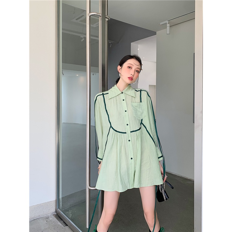 French Green Long Sleeve Dress