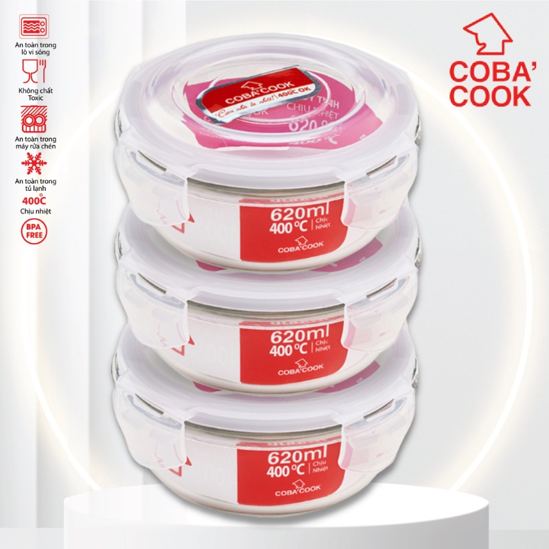 Bộ 3 hộp thủy tinh bảo quản thực phẩm chịu nhiệt COBACOOK tròn 620ml- CCR63
