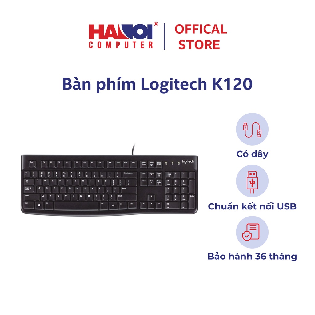 Bàn phím có dây Logitech K120 , có thiết kế chống tràn, bền bỉ