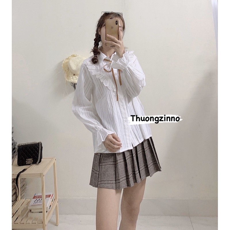 [Ảnh thật/Video] ÁO SƠ MI NỮ CỔ NƠ PHỐI VIỀN BÈO NHẸ NHÀNG NỮ TÍNH