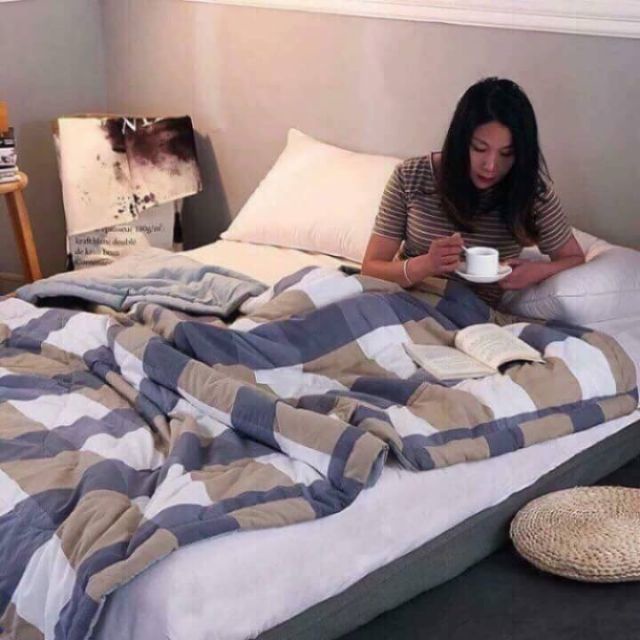 Chăn Đũi Sọc Kẻ To Kích Thước 2mx2m3 - chăn bông cotton 2 lớp có chần bông