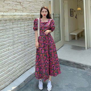 (ORDER) Váy hoa hồng sơn dầu retro dáng dài cổ vuông Vintage kiểu Pháp tay bồng tiểu thư sang chảnh