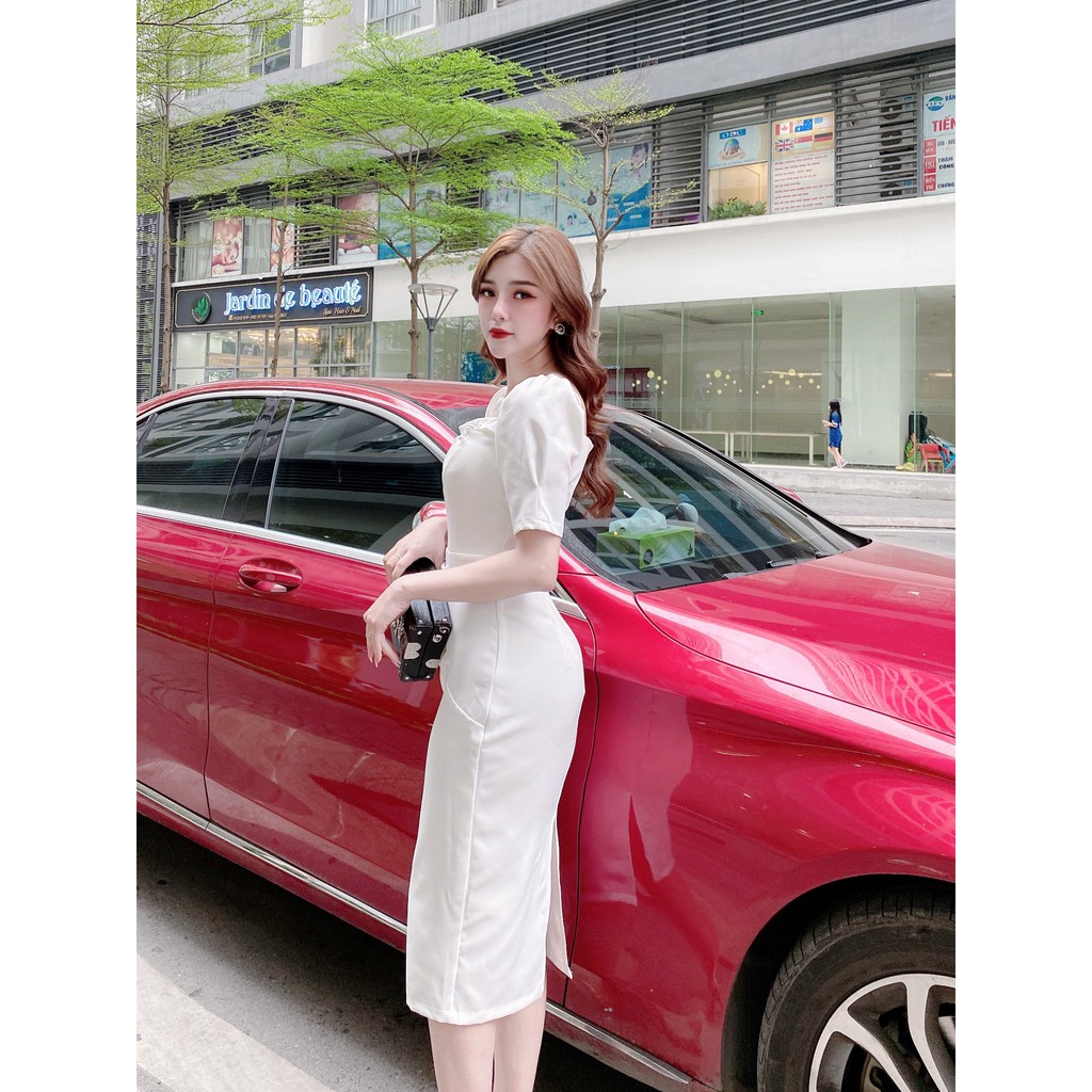 Váy đầm nữ body cổ vuông,dáng ôm tay lửng, cao cấp sang chảnh dự tiệc công sở màu  trắng Nancy A38 | BigBuy360 - bigbuy360.vn