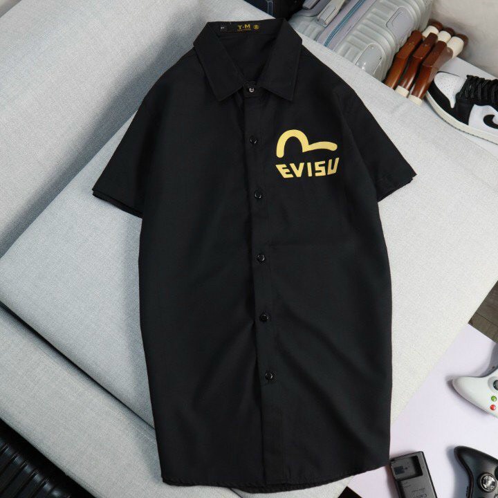 ÁO SƠ MI TAY NGẮN EVISU HỌA TIẾT MẶT CƯỜI ÔM BODY TÔN DÁNG LỊCH LÃM DÀNH CHO NAM