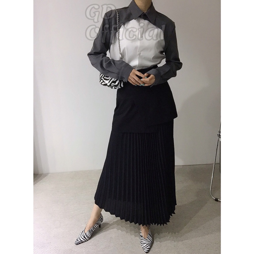 A73|Áo sơ mi polo cotton nữ dài tay hai màu tương phản khí chất dáng rộng, thẳng, suông màu xám, đen, trắng GD Official
