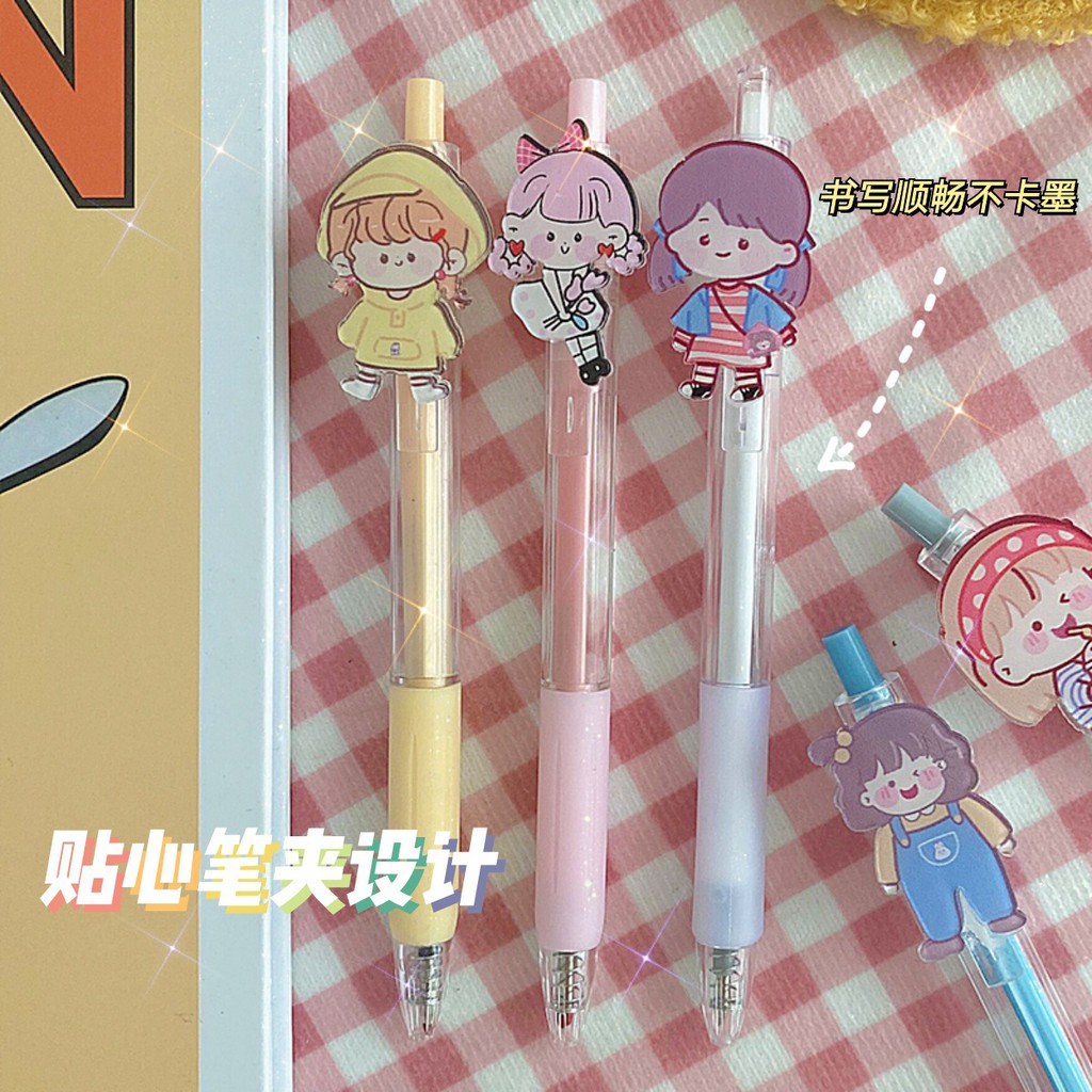 Bút bi bấm gel đen kèm pin cô gái cute A17 Taro Stationery