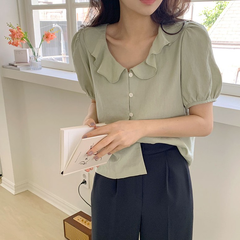 Áo Sơ Mi Tay Ngắn Phối Bèo Thời Trang Dành Cho Nữ 43802