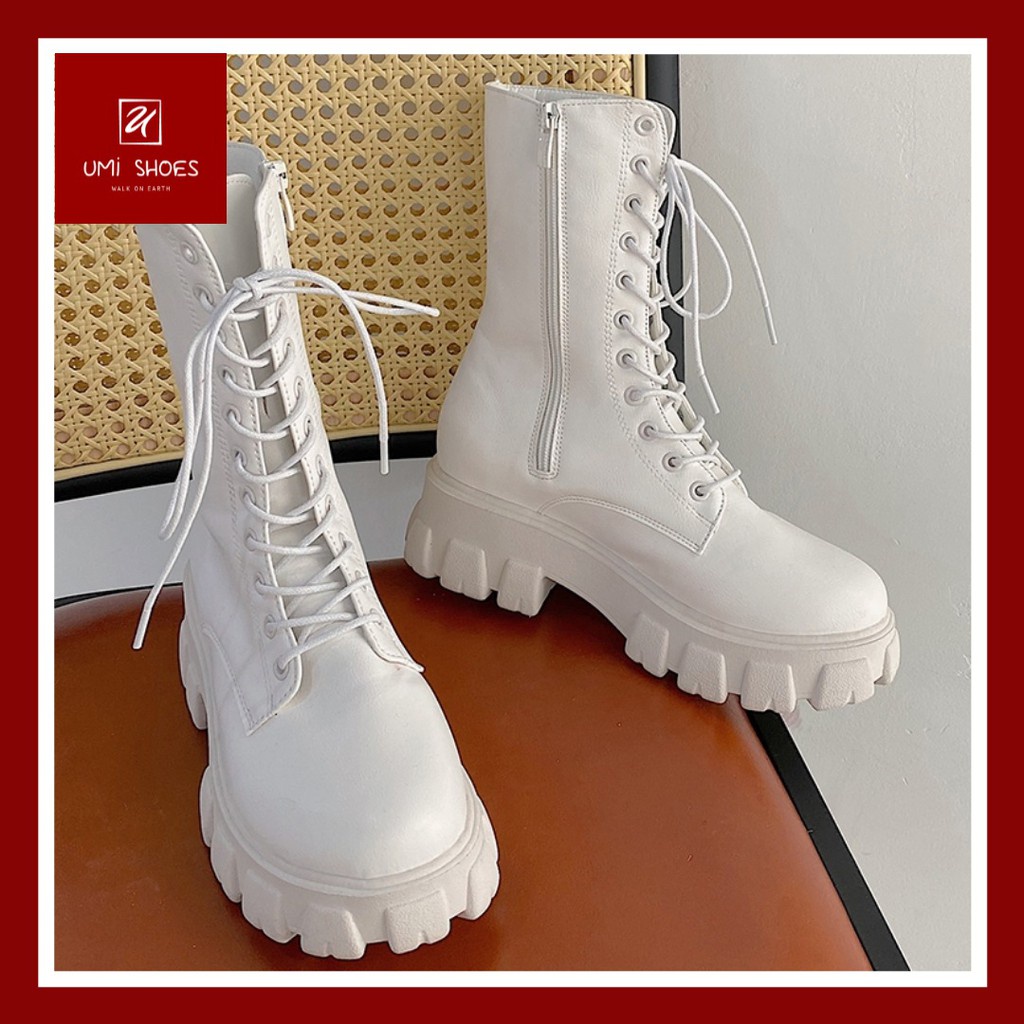 ❁▽⊕CÓ SẴN Giày bốt nữ ulzzang cao cổ đến bắp chân 20cm đế răng cưa 5cm buộc dây kéo khóa đẹp mới hot trend đi chơi xinh