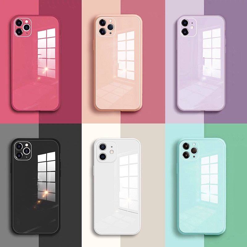 Ốp Điện Thoại Silicon Mặt Kính Cường Lực Màu Xanh Dương Cho iPhone 14 13 12 11 Pro Max X XR XSMax 14