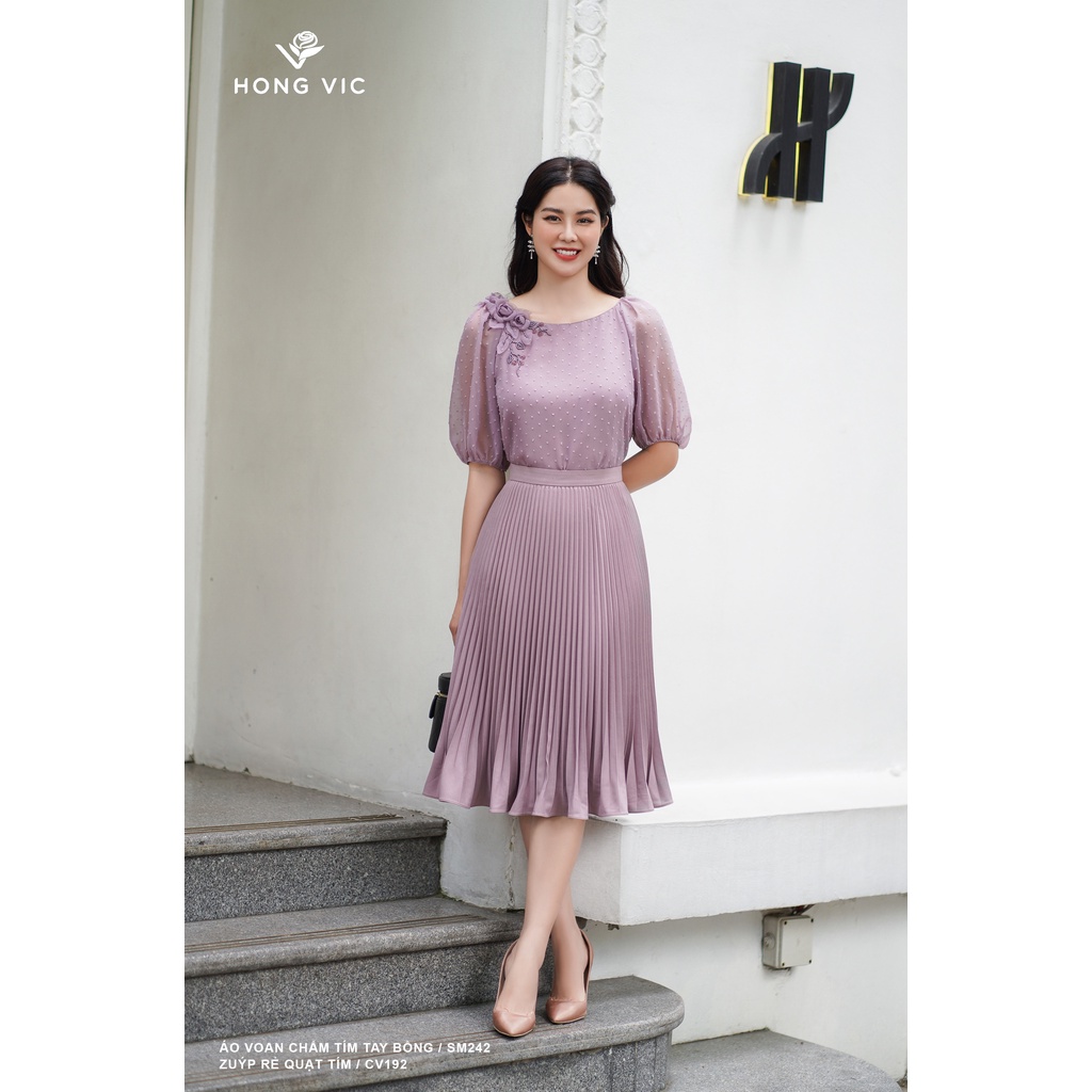 Áo nữ thiết kế Hong Vic voan chấm tím tay bồng SM242