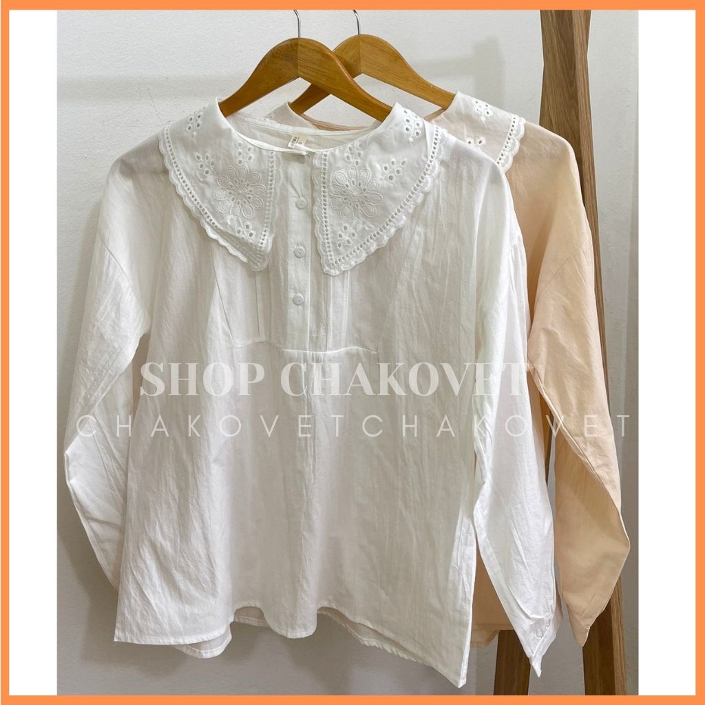 Áo babydoll nữ tay dài CKA897, kiểu sơ mi nữ form rộng thiết kế hàng cúc ngực xếp ly cổ bèo phối vân hoa style hàn quốc