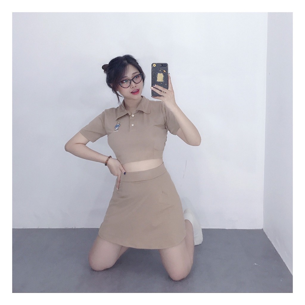 Sét áo kèm chân váy nữ áo croptop cổ sơ mi cái nút phối chân váy mini siêu dễ thương | BigBuy360 - bigbuy360.vn