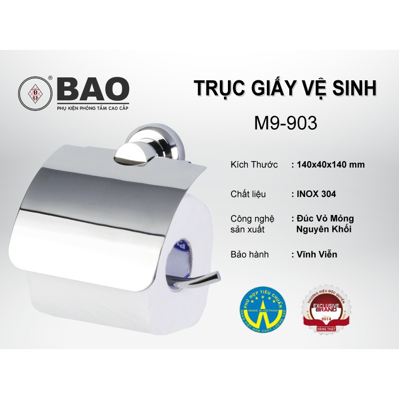 Trục giấy vệ sinh BAO Inox M9-903 sang trọng, đường nét sắc sảo, bảo hành vĩnh viễn