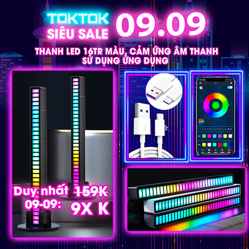 Thanh Led RGB 16 Triệu Màu Cảm Biến Âm Thanh, Điều Khiển Qua Ứng Dụng Trang Trí Deco Góc Làm Việc Có Tặng Kèm Sạc TOKTOK