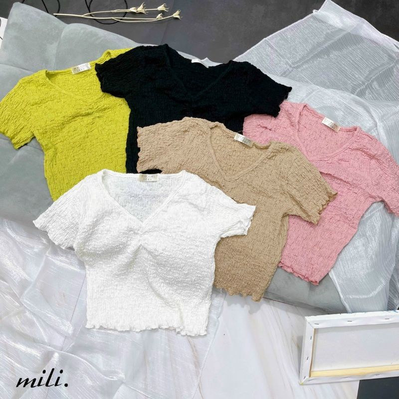 Áo croptop nữ không cổ dáng ôm chất liệu vải xốp nhăn co giãn, mềm mại đủ 4 màu mix đồ cực xinh