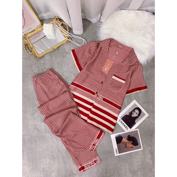 Bộ lụa ngắn tay hãng SAM choco áo ngắn tay quần dài bộ mặc nhà đẹp bộ pijama cao cấp