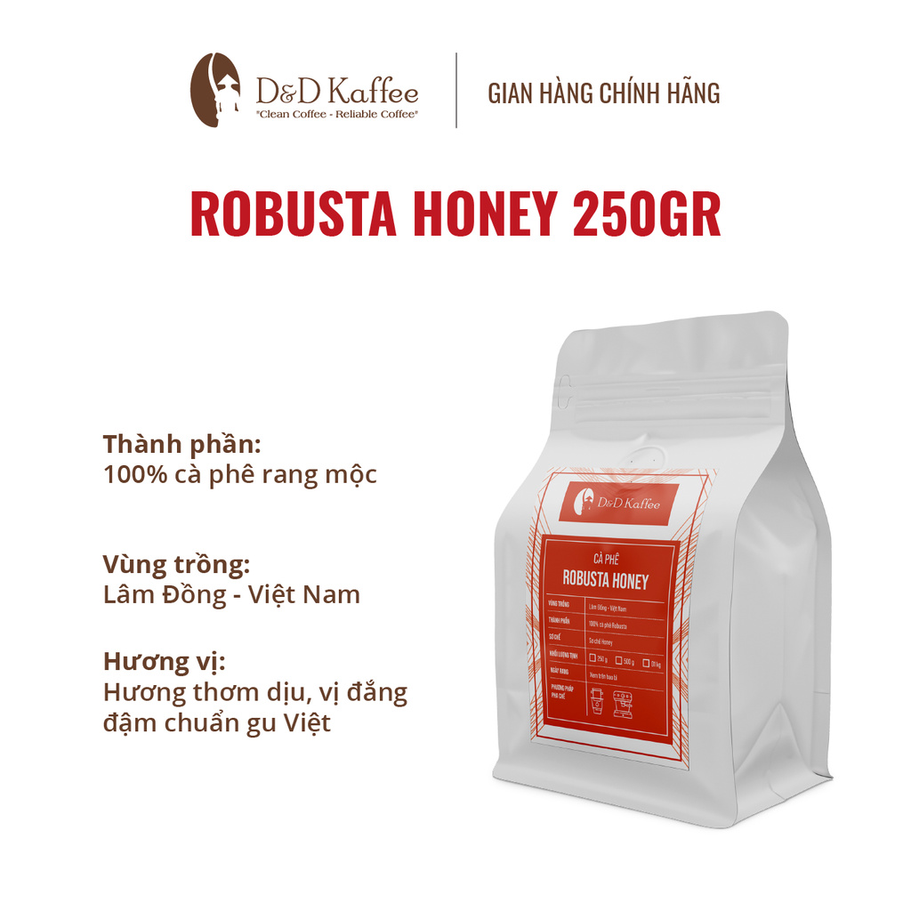 Cà phê Robusta Honey, Cà phê nguyên chất 100% - D&D Kaffee [Tặng 3 Gói CF túi lọc khi mua 2 gói 500gr]