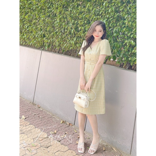 Đầm Caro Nhún Eo, váy kẻ caro, đầm caro công sở, váy đi làm đi chơi