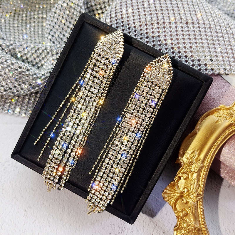 Bông Tai Mạ Bạc 925 Kiểu Tua Rua Dài Đính Kim Cương Sang Trọng Cá Tính