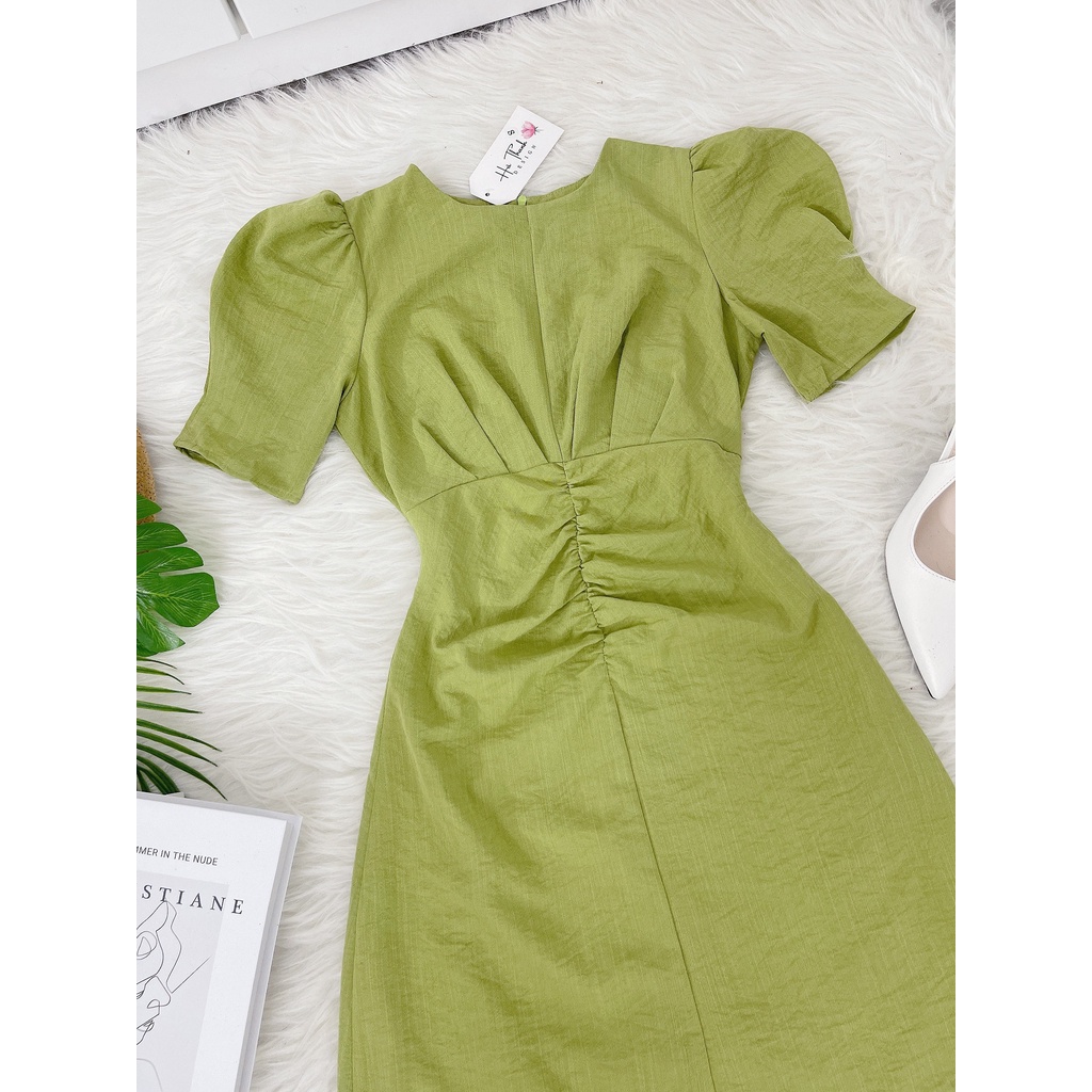 V62 | Đầm midi đũi Hàn cộc tay xanh bơ trơn dáng dài nhún eo | Tuli design