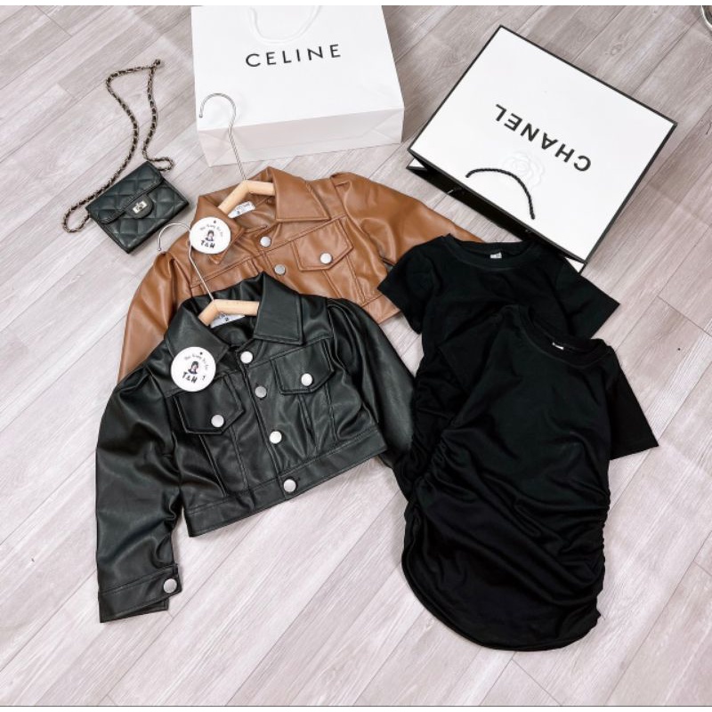 Set áo khoác da kèm váy body  sang chảnh bé gái