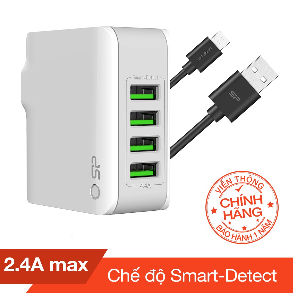 Combo Cốc sạc 4 cổng USB (4.4A 24W max) Silicon Power + Cáp sạc micro USB PVC Silicon