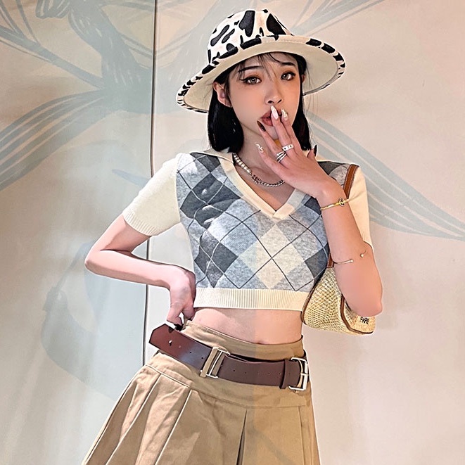 QADCOL   Áo Len Tay Ngắn Cổ Chữ V Đính Đá Phong Cách Thời Trang Hàn Quốc Cho Nữ