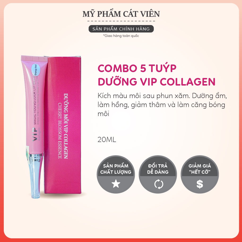 Son dưỡng kích màu Vip Collagen, sử dụng sau phun xăm, giúp giảm thâm, giữ màu môi bền, đẹp hơn - 5 tuýp